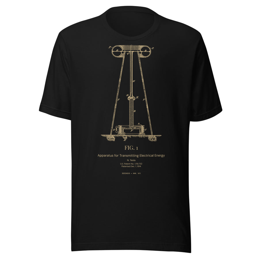 The Tower T-shirt, Nikola Tesla patent 1,119,732 printed in amber on black