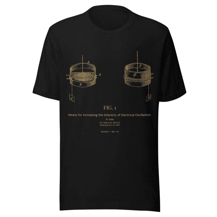 The Cold Circuit T-shirt, Nikola Tesla patent 685,012 printed in amber on black