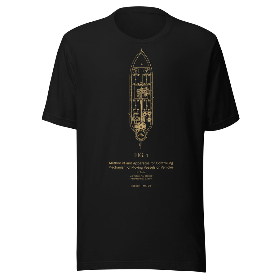 The Teleautomaton T-shirt, Nikola Tesla patent 613,809 printed in amber on black