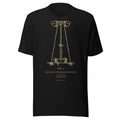 Black T-shirt with Nikola Tesla's 1914 Wardenclyffe Tower patent drawing printed in amber, front view