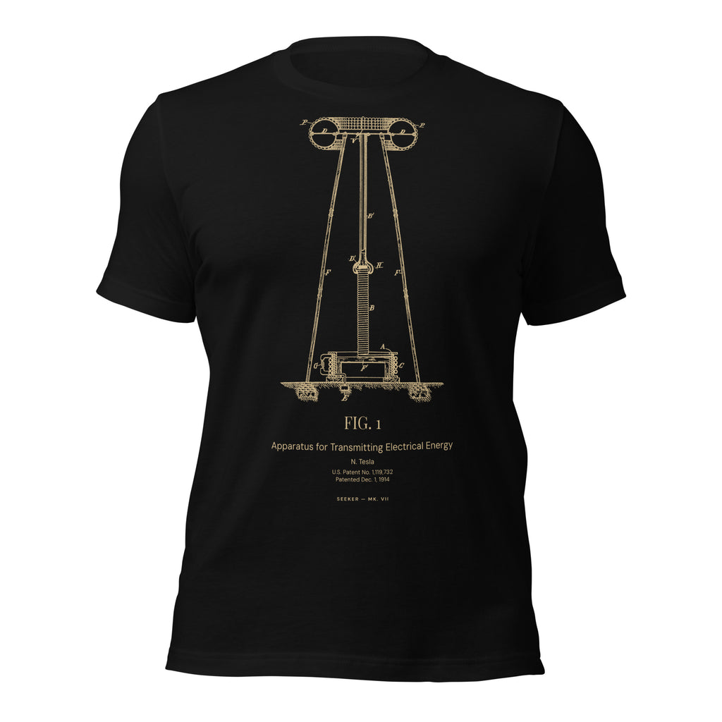 The Tower tee: Tesla's Wardenclyffe Tower patent, U.S. 1,119,732, in amber on black cotton