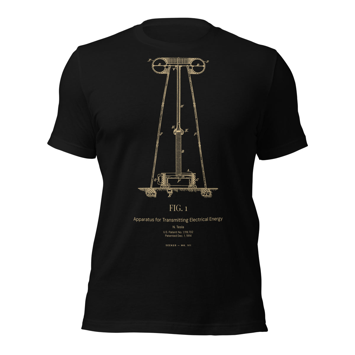 The Tower tee: Tesla's Wardenclyffe Tower patent, U.S. 1,119,732, in amber on black cotton