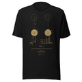 Black T-shirt with Nikola Tesla's 1900 wireless power patent drawing printed in amber, front view