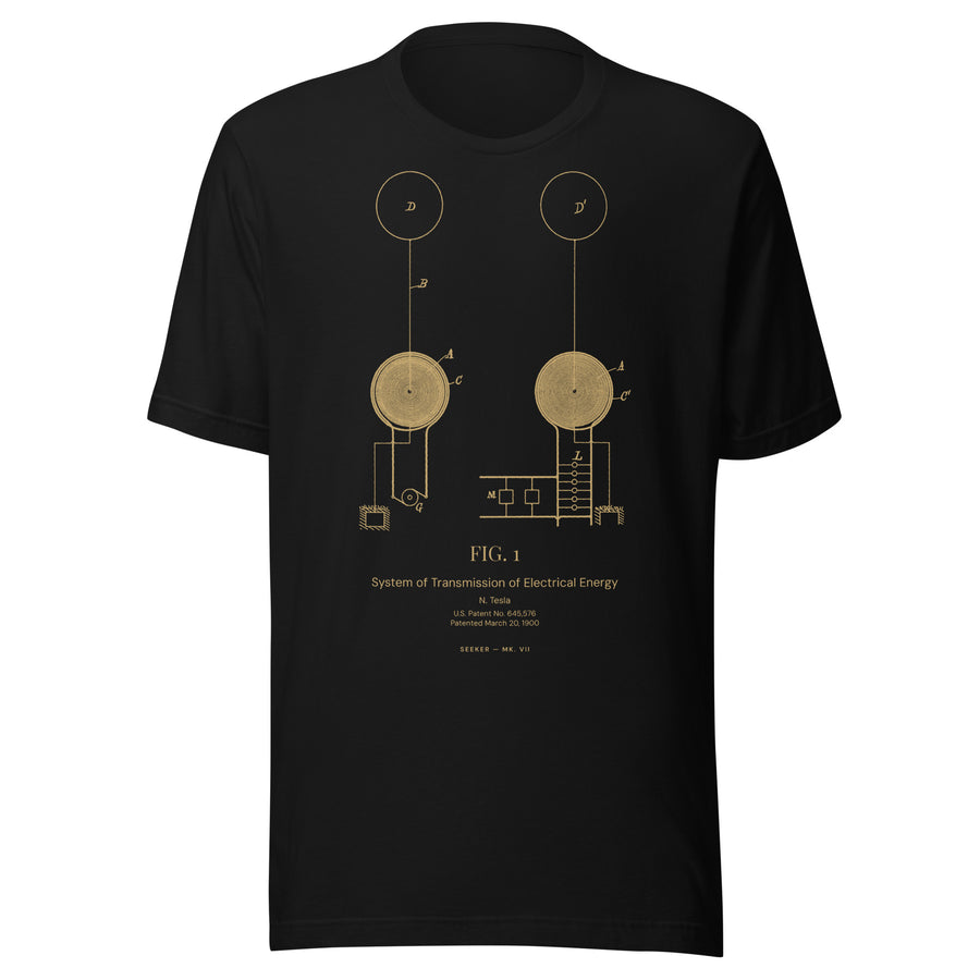 The Upper Air T-shirt, Nikola Tesla patent 645,576 printed in amber on black