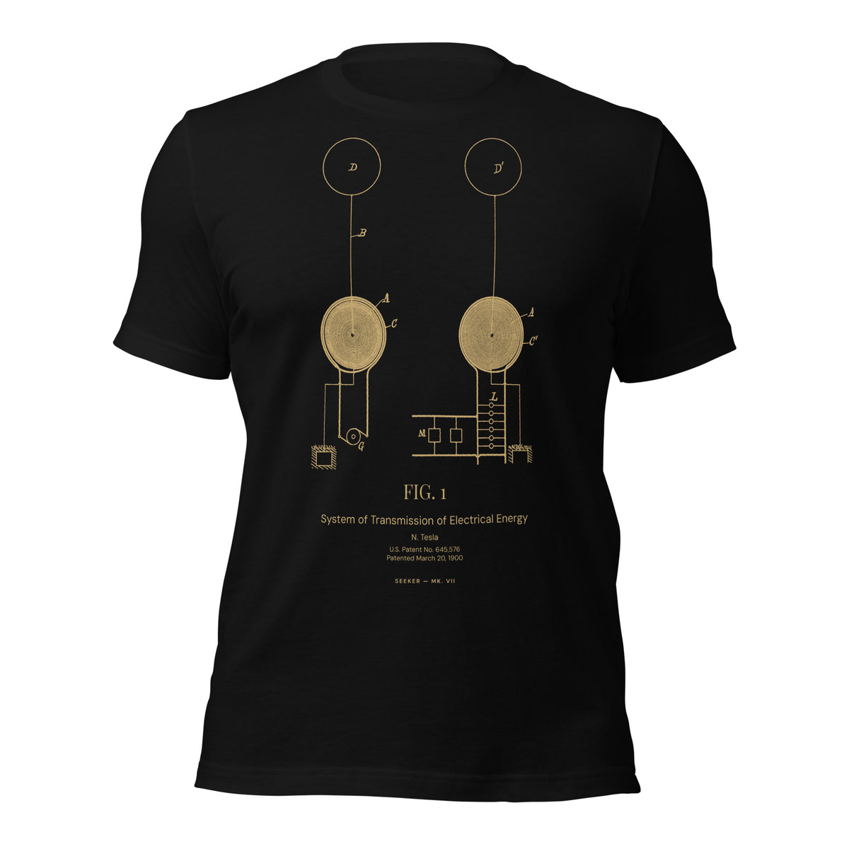 The Upper Air tee: Tesla's patent U.S. 645,576 for transmitting electrical energy, in amber on black