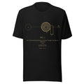 Black T-shirt with Nikola Tesla's 1905 earth resonance patent drawing printed in amber, front view