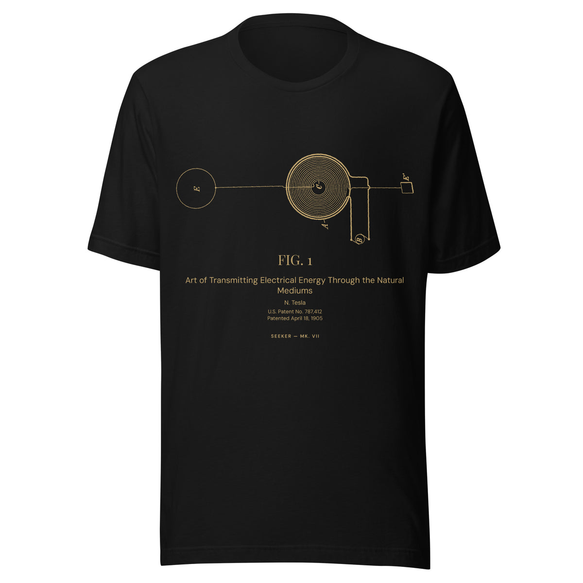 Black T-shirt with Nikola Tesla's 1905 earth resonance patent drawing printed in amber, front view