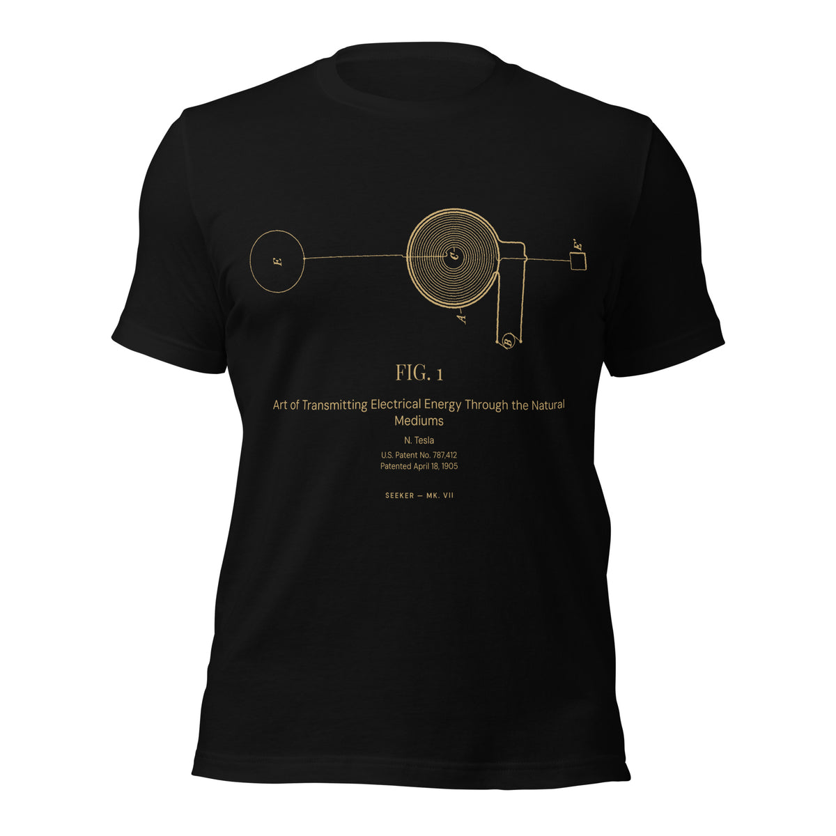 Waves in the Earth tee: Tesla's patent U.S. 787,412, in amber on black cotton