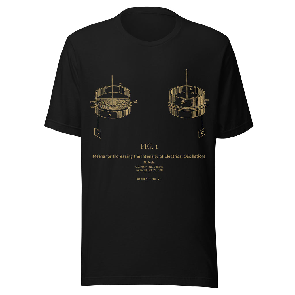 Black T-shirt with Nikola Tesla's 1901 liquid-air circuit patent drawing printed in amber, front view