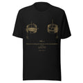 Black T-shirt with Nikola Tesla's 1901 liquid-air circuit patent drawing printed in amber, front view