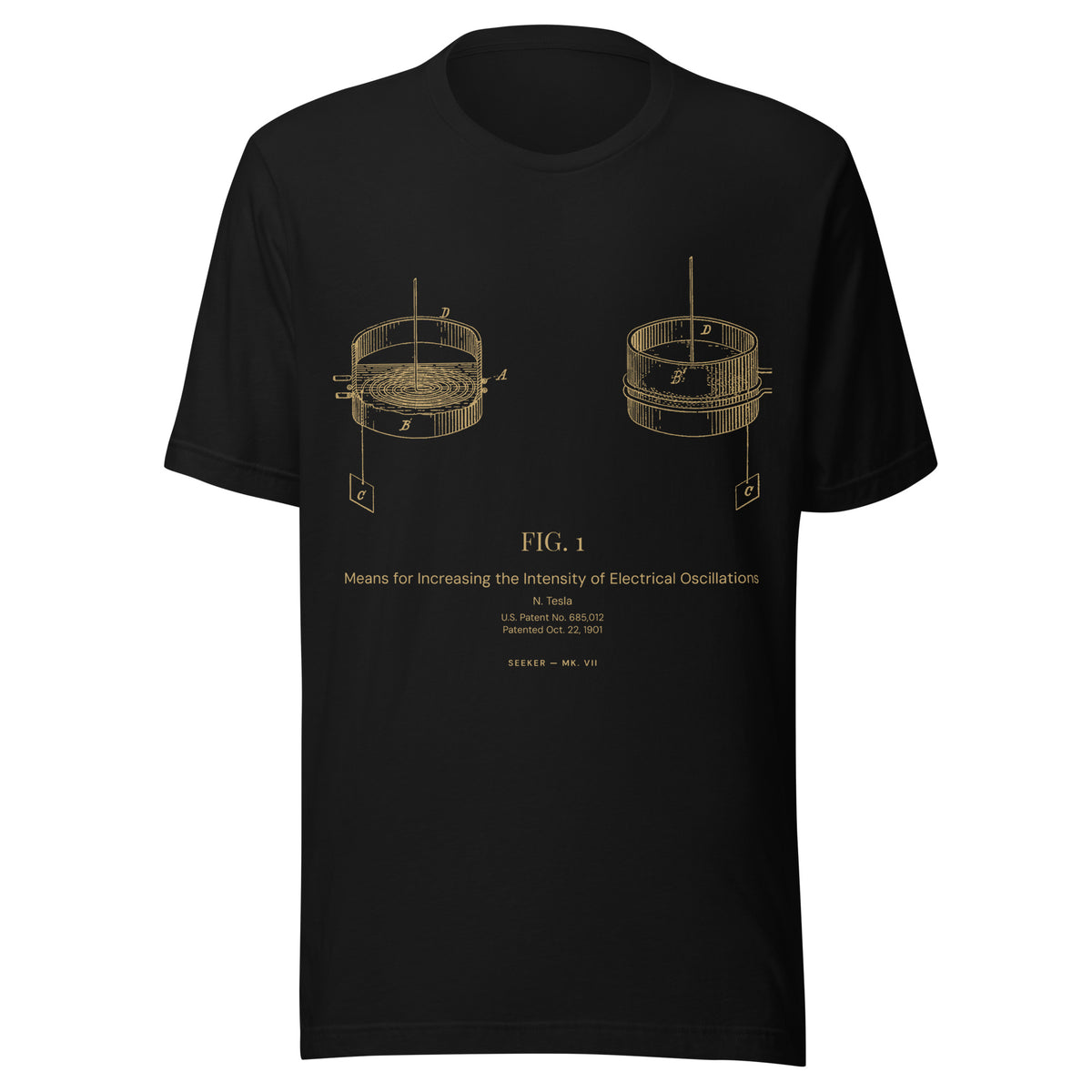 Black T-shirt with Nikola Tesla's 1901 liquid-air circuit patent drawing printed in amber, front view