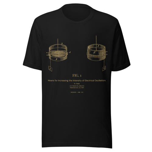Black T-shirt with Nikola Tesla's 1901 liquid-air circuit patent drawing printed in amber, front view