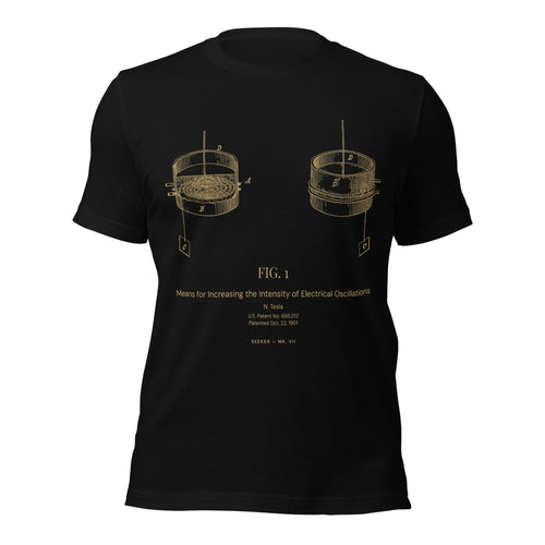 The Cold Circuit tee: Tesla's patent U.S. 685,012, in amber on black cotton