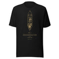 Black T-shirt with Nikola Tesla's 1898 radio-controlled boat patent drawing printed in amber, front view