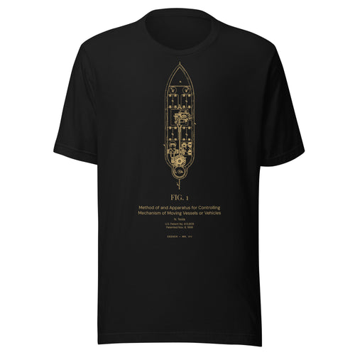 Black T-shirt with Nikola Tesla's 1898 radio-controlled boat patent drawing printed in amber, front view