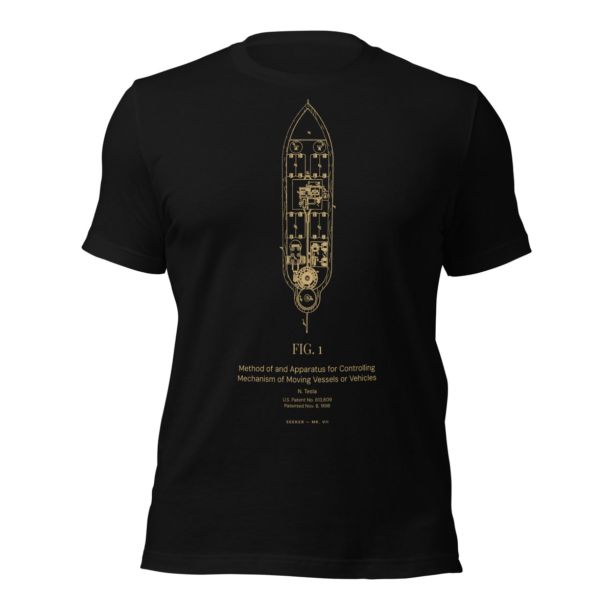 The Teleautomaton tee: Tesla's remote control patent U.S. 613,809, in amber on black cotton