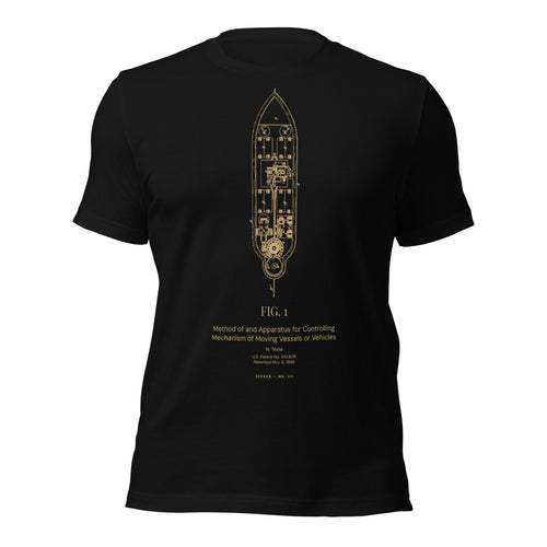 The Teleautomaton tee: Tesla's remote control patent U.S. 613,809, in amber on black cotton