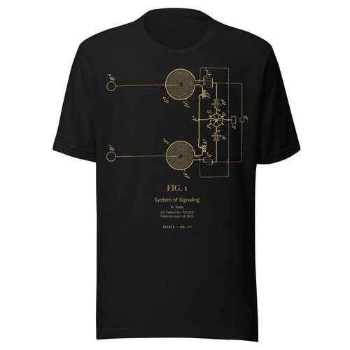 Black T-shirt with Nikola Tesla's 1903 System of Signaling patent drawing printed in amber, front view