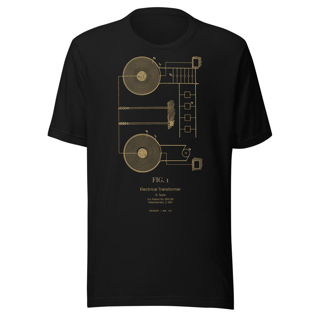 Black T-shirt with Nikola Tesla's 1897 flat spiral coil transformer patent drawing printed in amber, front view