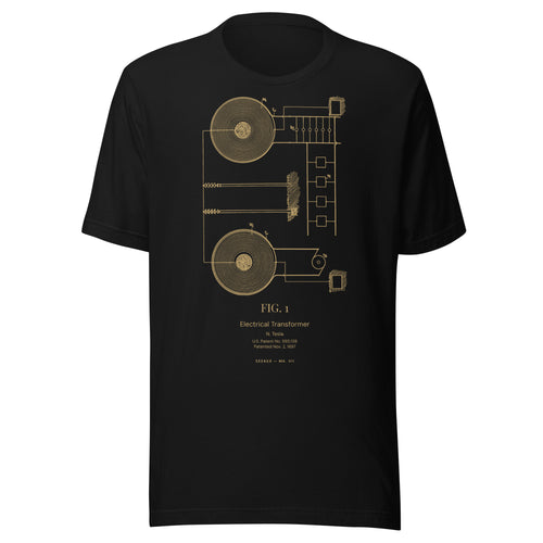 Black T-shirt with Nikola Tesla's 1897 flat spiral coil transformer patent drawing printed in amber, front view
