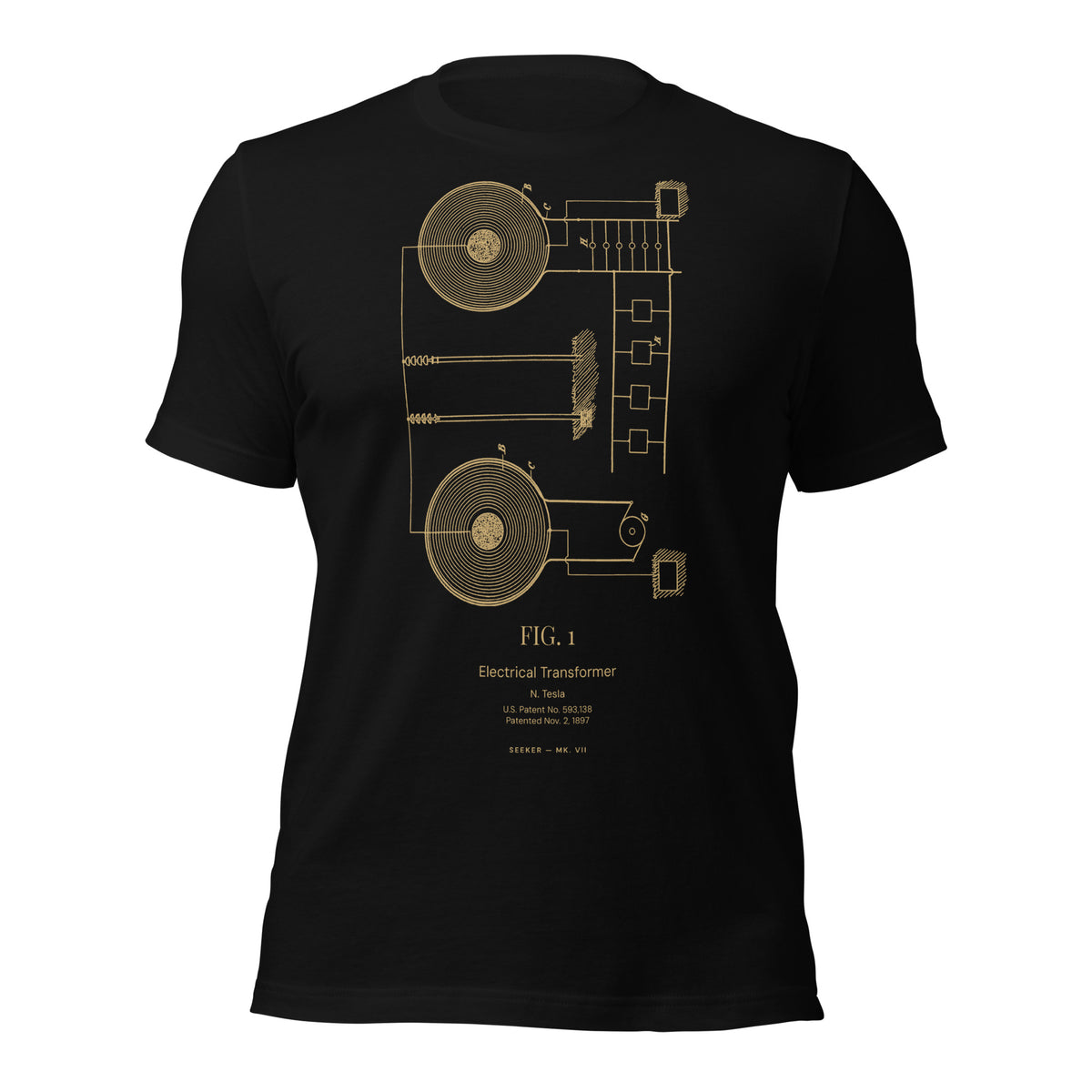 The Flat Spiral tee: Tesla's coil patent U.S. 593,138, in amber on black cotton